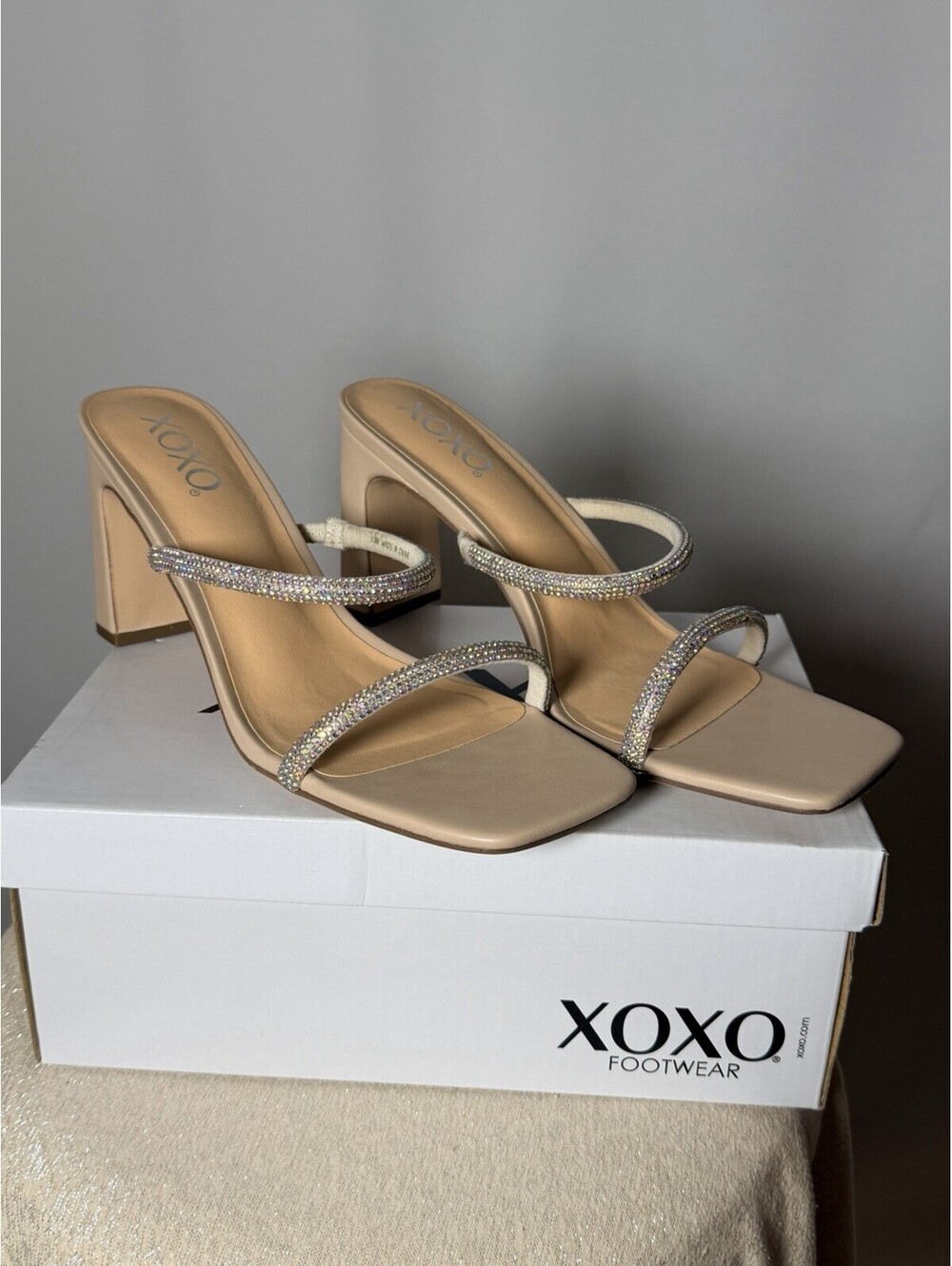 XOXO Women's Beige Rhinestone Square Toe Mule Block Heel Shoes 10
